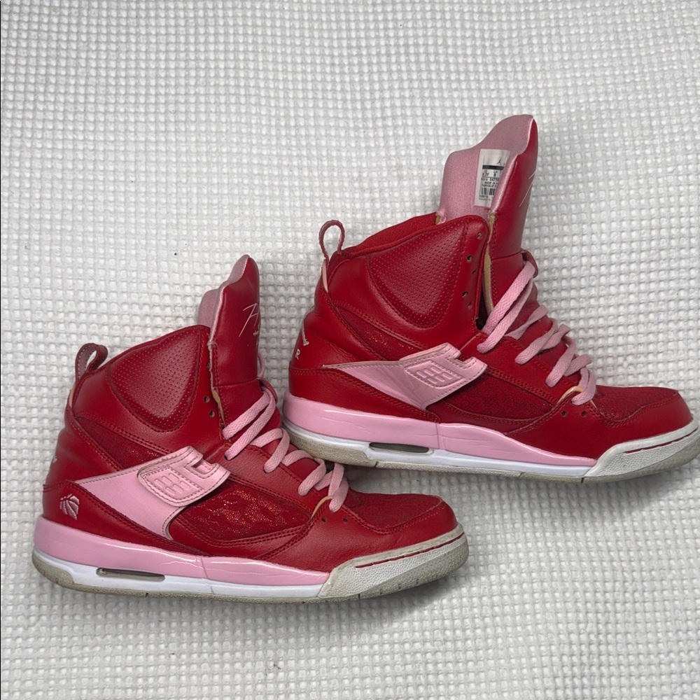 Red High-Top Jordan Flight Sneakers with Pink Laces - Youth 6.5